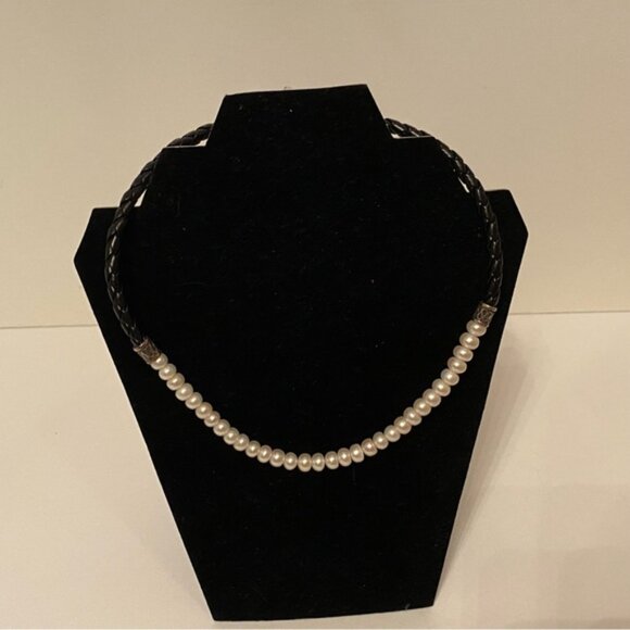 NECKLACE FRESHWATER PEARLS BLACK BRAIDED LEATHER 925 STERLING SILVER 17” - Picture 3 of 9